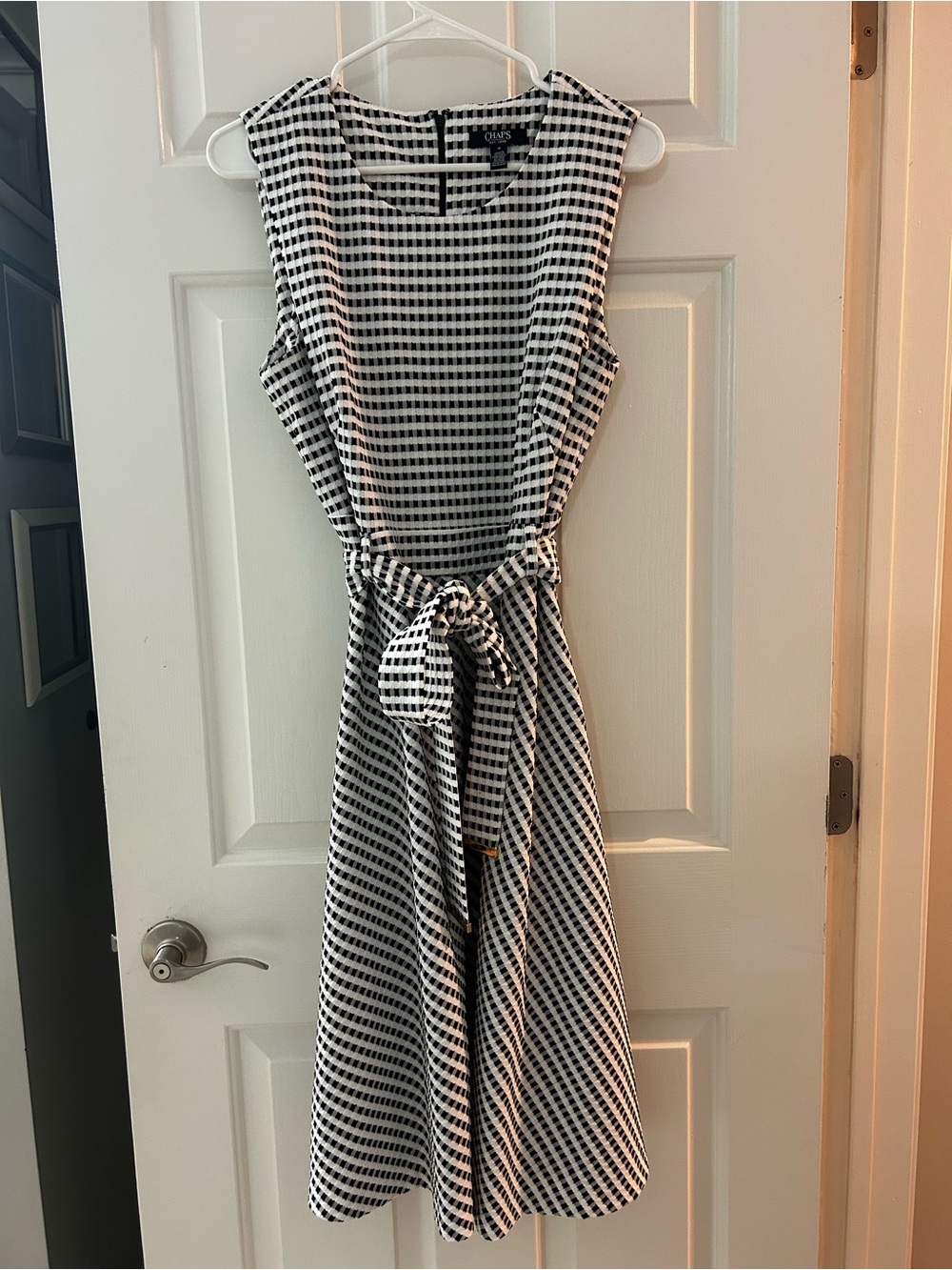 Chaps Black and White Gingham Tie-Waist Midi Dress